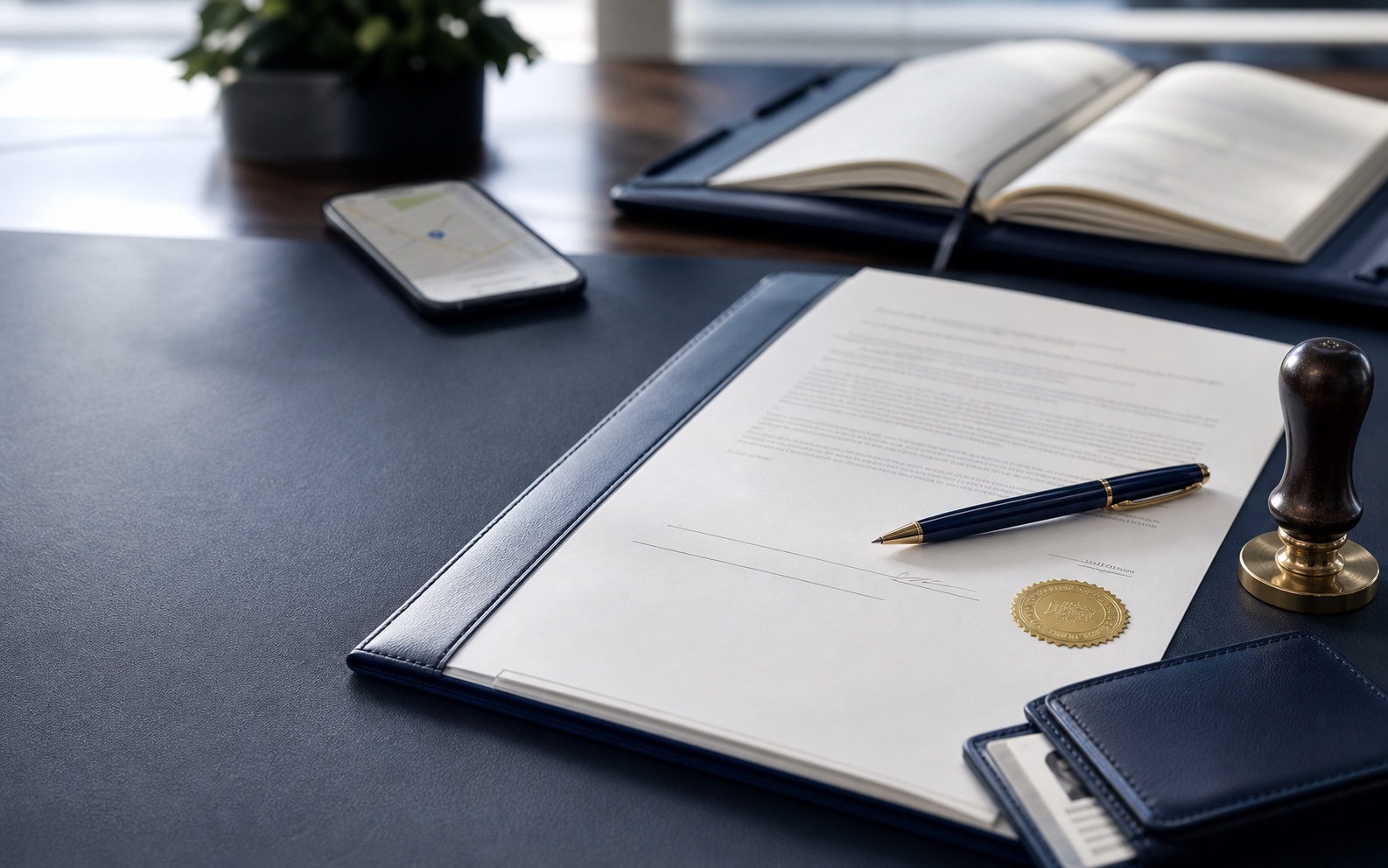Notary documents, seal, and stamp on a desk